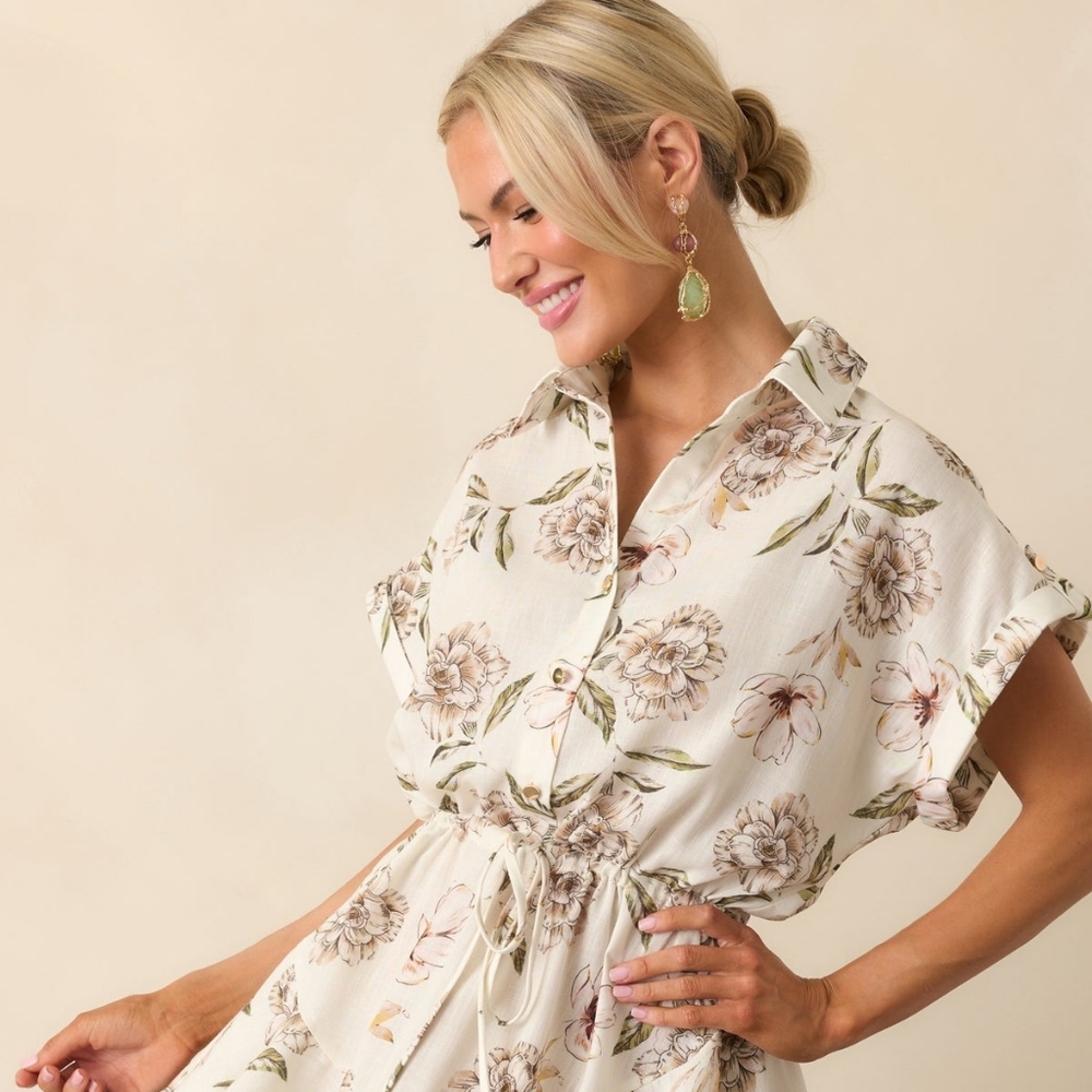 Aakaa x Red Dress Boutique “Always In High Spirits”Ivory Floral Mini Shirt Dress